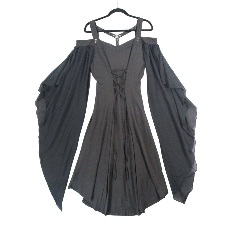 Gothic‎ Whichy Black Cold Shoulder Dress With Lace-Up Front Long Flowing Sleeves